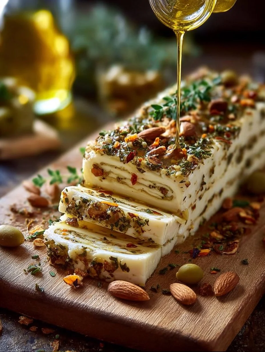 Mediterranean Olive Tapenade layered on a cheese log, a perfect appetizer.
