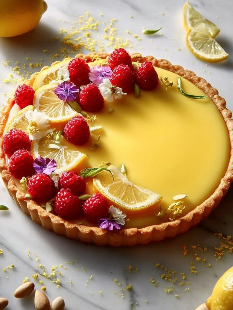 No-bake lemon tart topped with fresh raspberries and basil leaves.