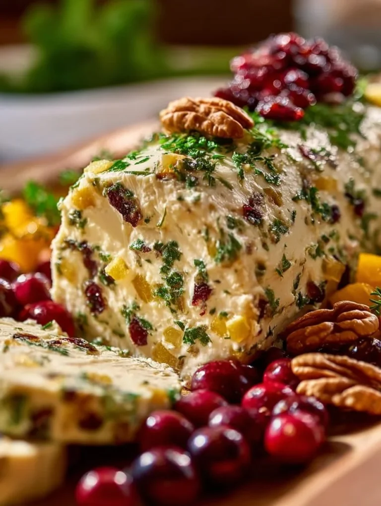 Pineapple Cranberry Holiday Cheese Log garnished with festive toppings