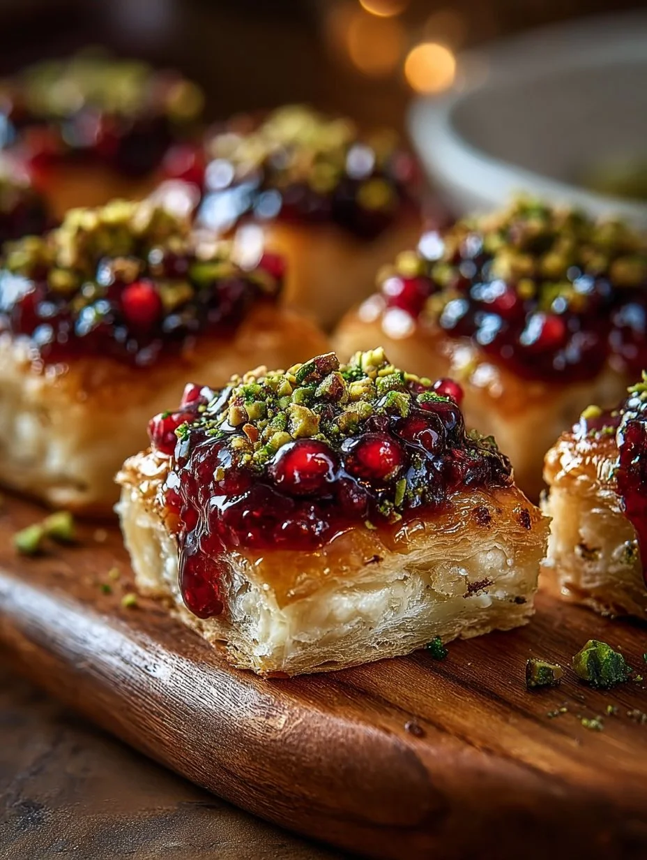 Pistachio Crusted Brie Bites drizzled with cranberry honey glaze on a platter