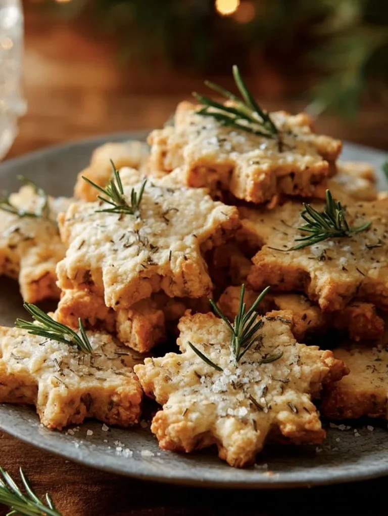 Savory rosemary-parmesan snowflake cookies on a festive plate