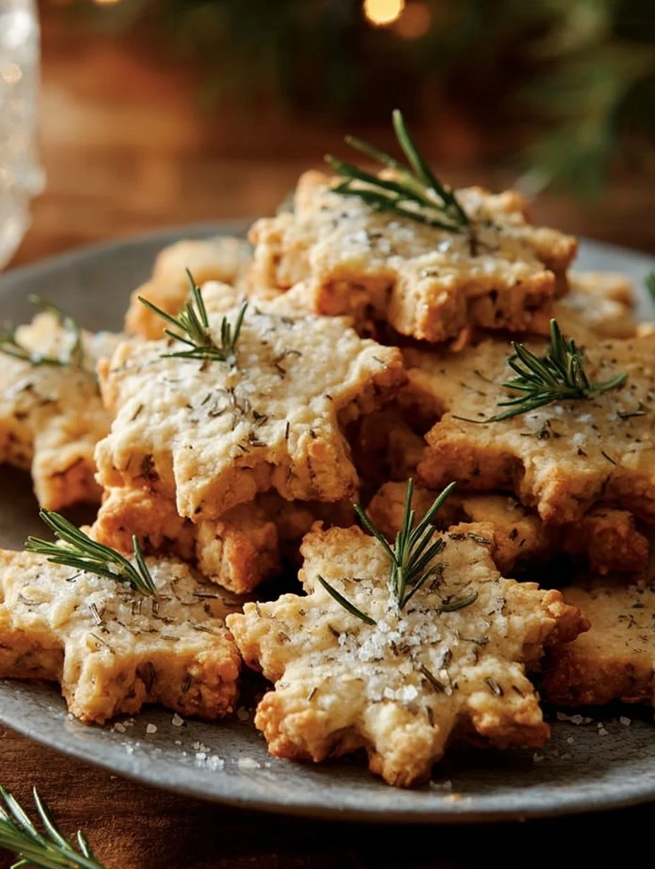Savory rosemary-parmesan snowflake cookies on a festive plate