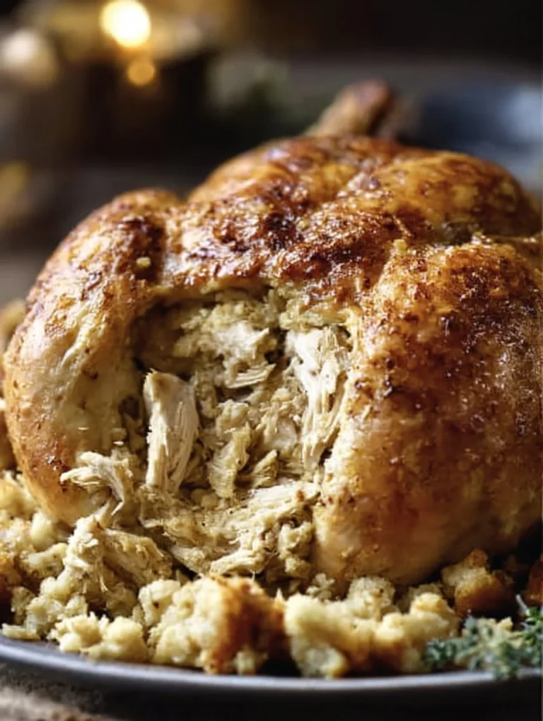 Slow cooker whole chicken with stuffing on a plate, garnished with herbs.