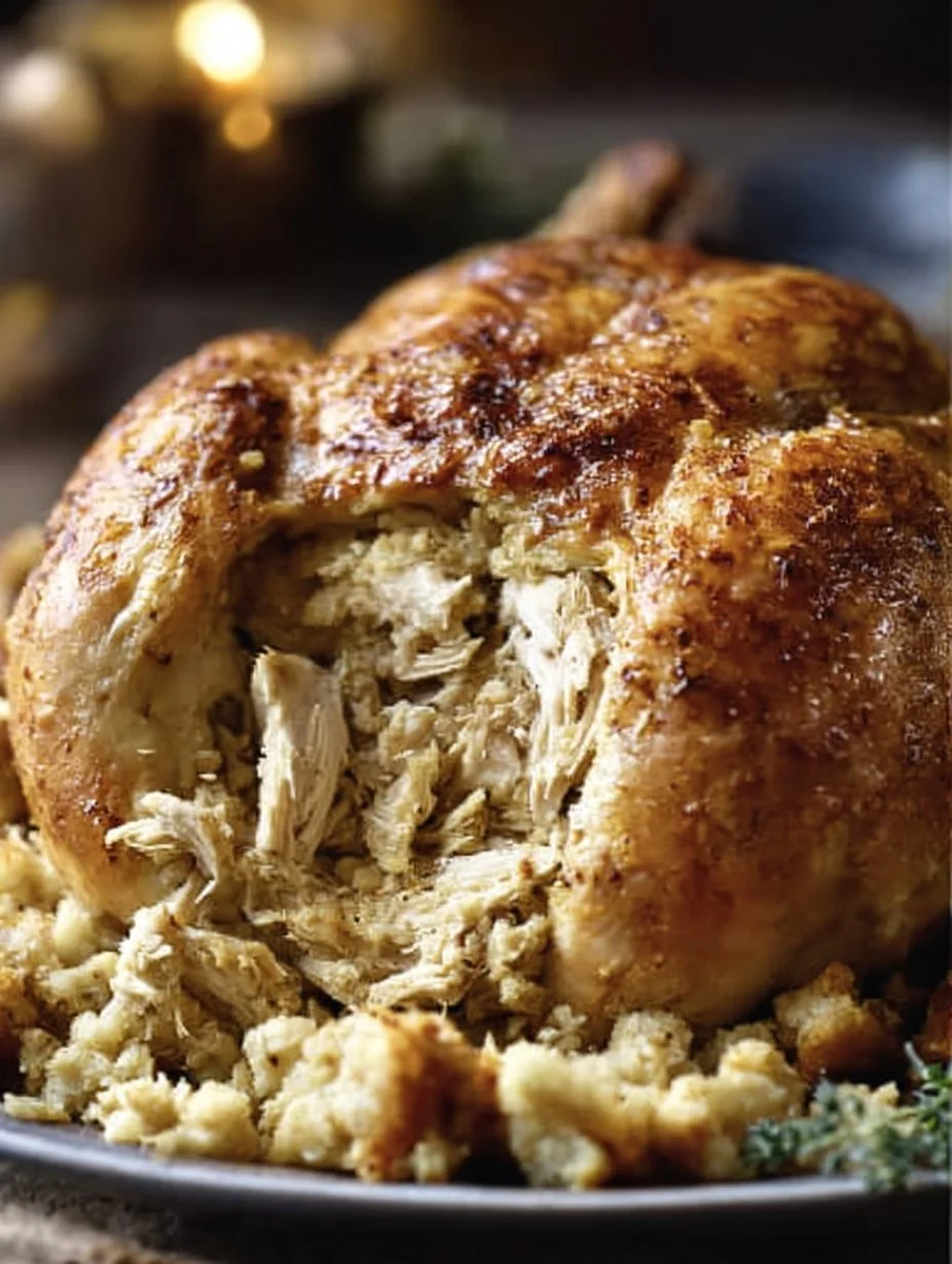 Slow cooker whole chicken with stuffing on a plate, garnished with herbs.