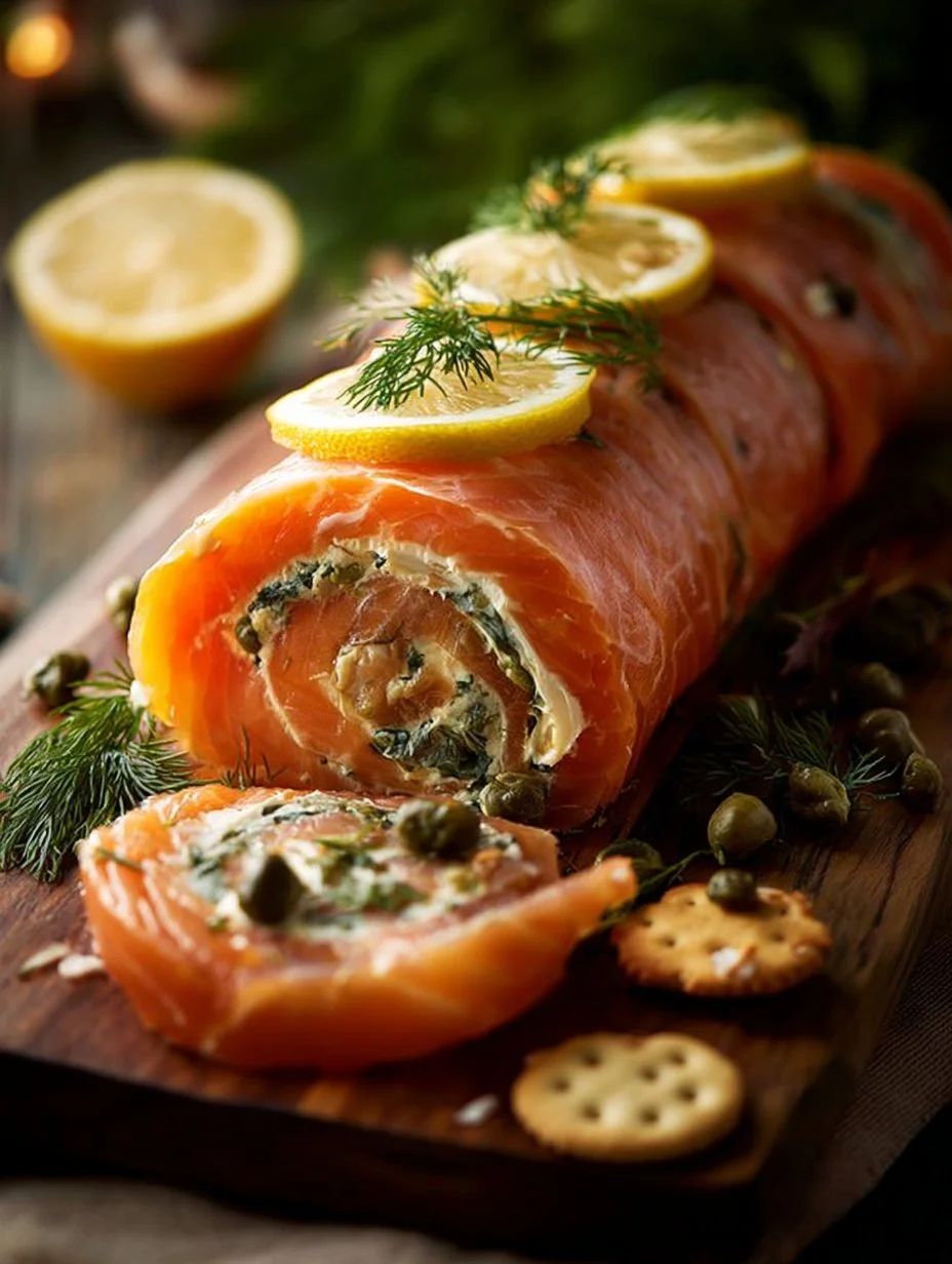 Smoked Salmon Cheese Log served with fresh herbs and crackers