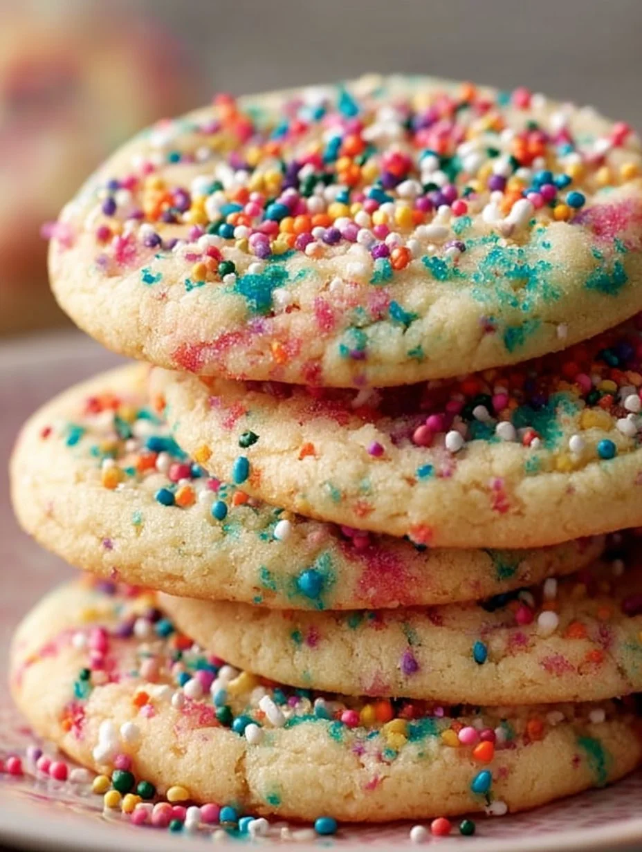 Freshly baked sprinkle sugar cookies with colorful sprinkles on top.