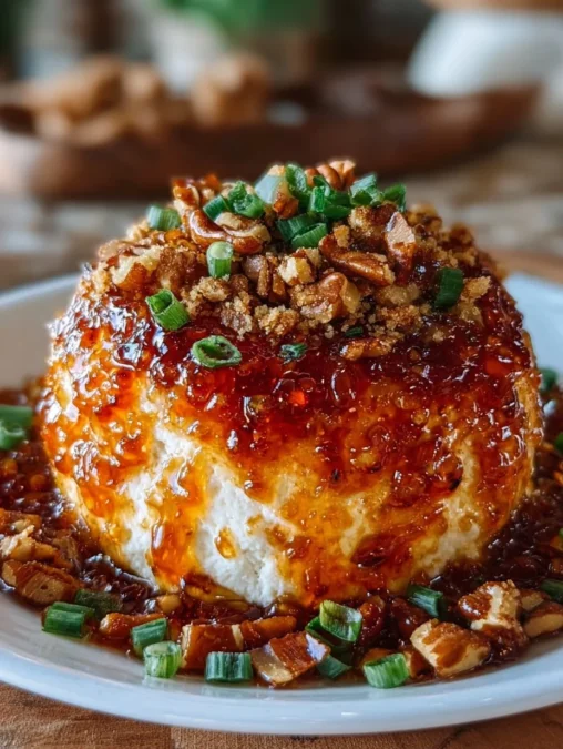 Sweet-Heat Pepper Jelly Cheese Ball topped with cheddar cheese