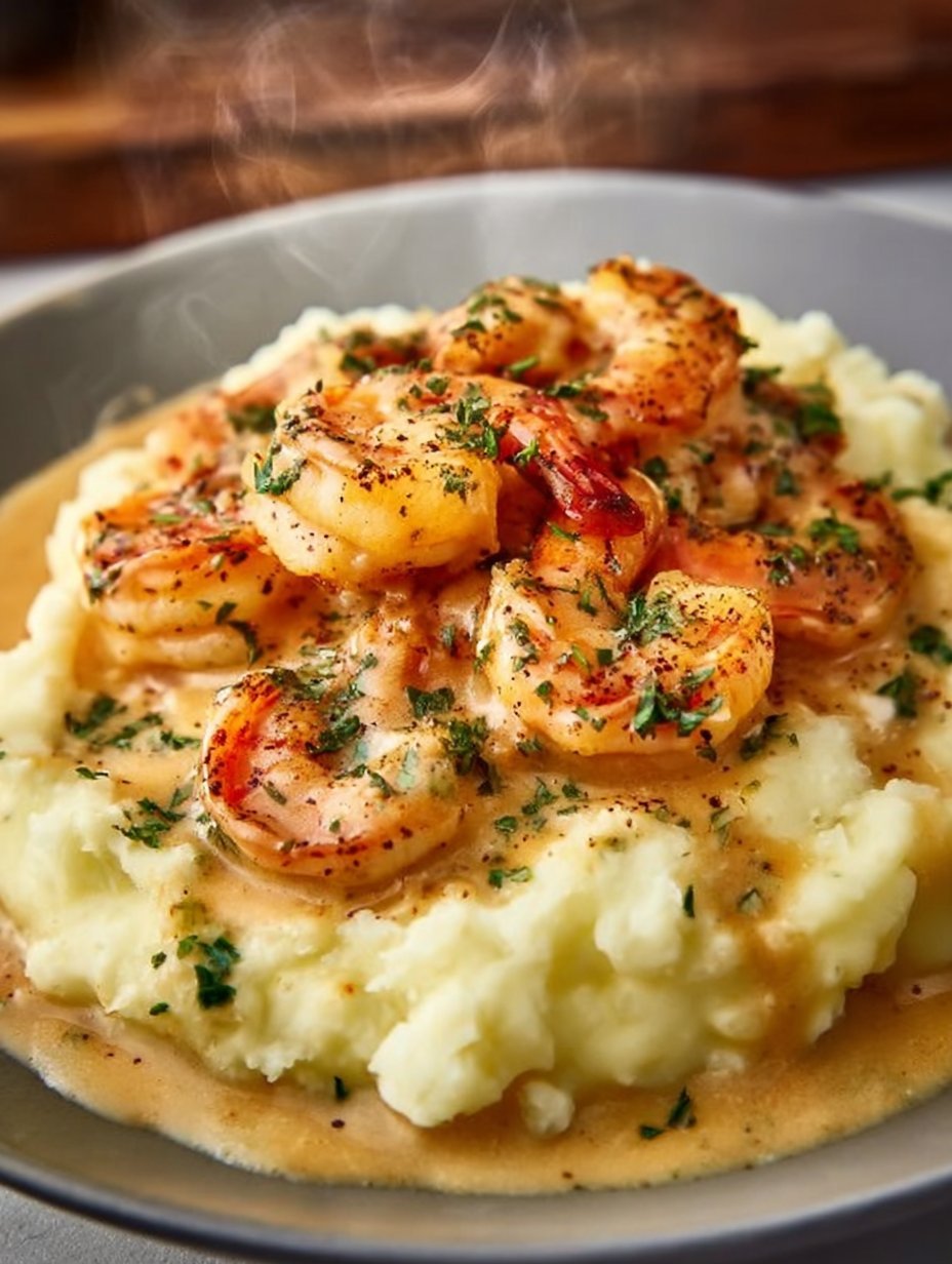 Creamy Garlic Shrimp Over Mashed Potatoes