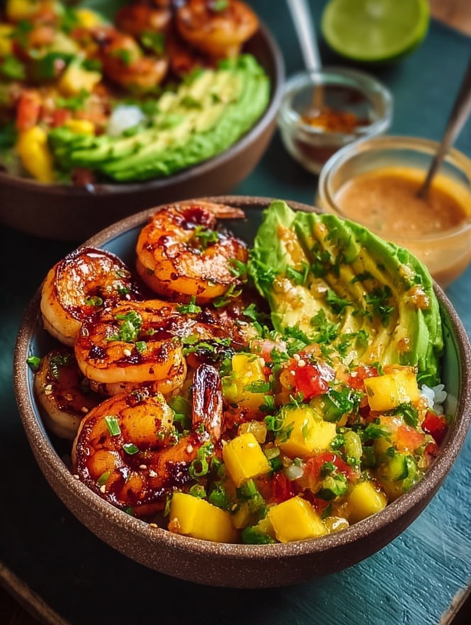 Shrimp and Avocado Bowls with Mango Salsa & Lime-Chili Sauce