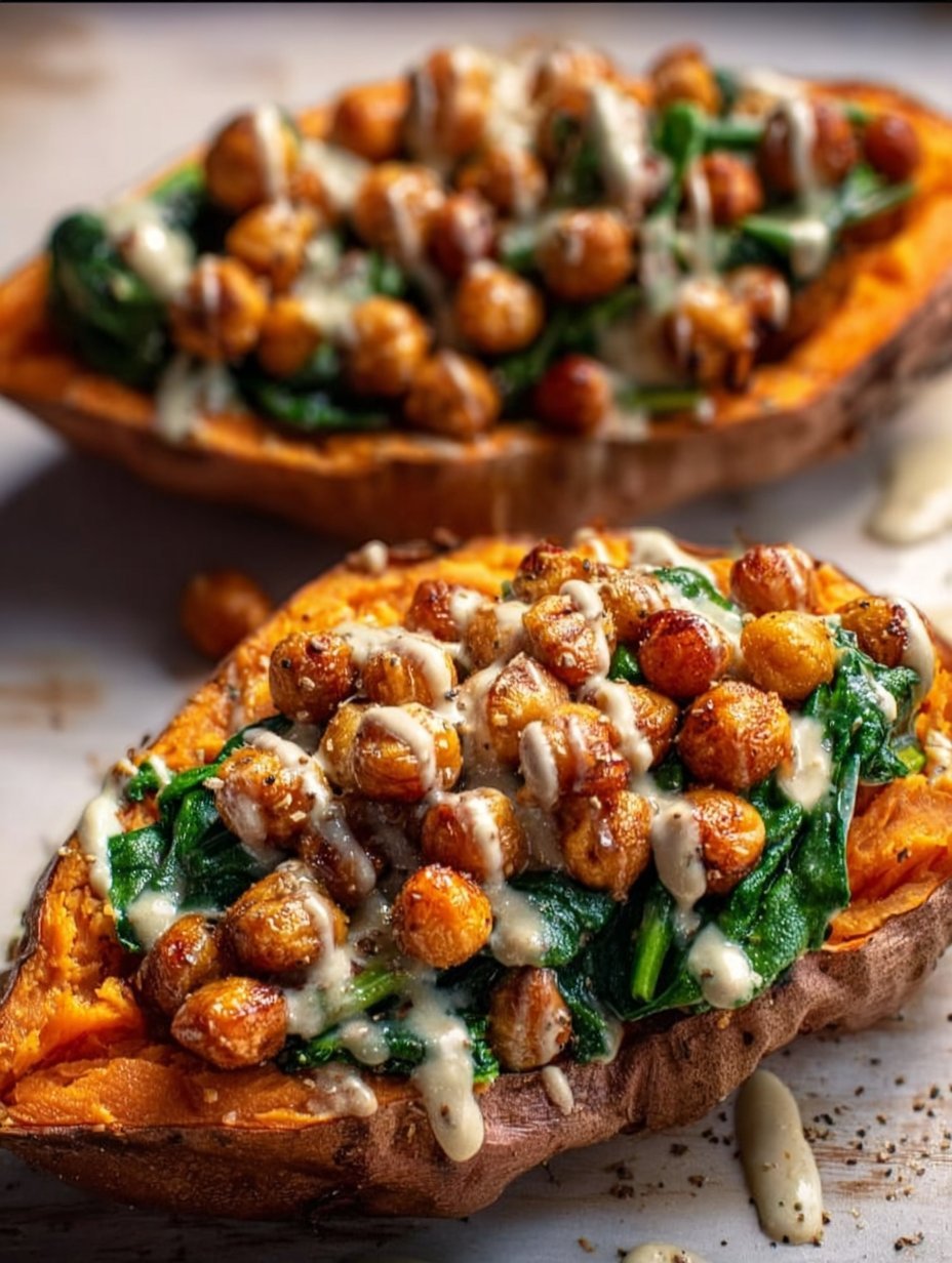 Stuffed Sweet Potatoes with Spinach, Crispy Chickpeas and Tahini