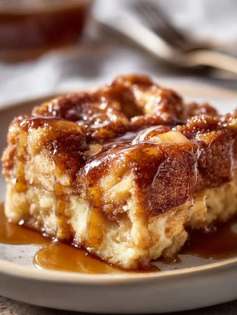 Delicious Apple Pie French Toast Casserole topped with creamy custard and cinnamon apples.