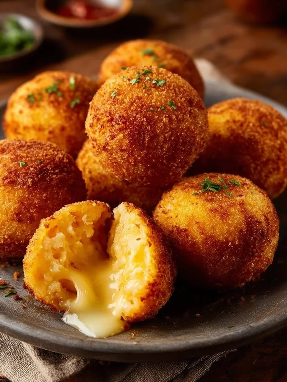 Golden brown baked arancini served on a plate with marinara sauce