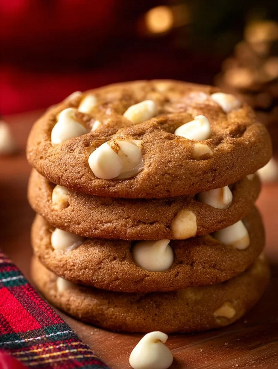 Bakery style gingerbread cookies with white chocolate chips displayed on a plate