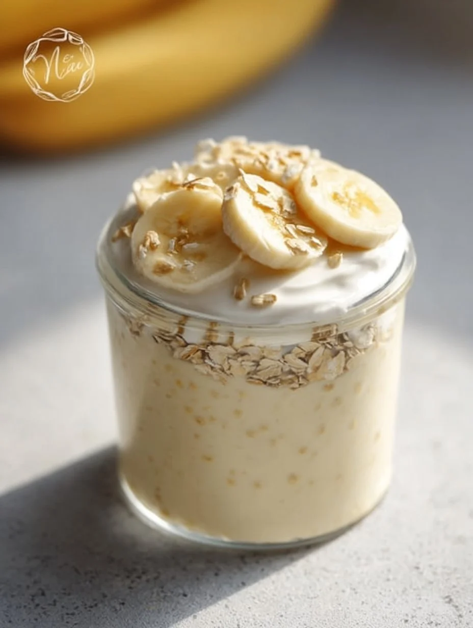 A bowl of Banana Cream Pie Overnight Oats topped with sliced bananas and whipped cream.