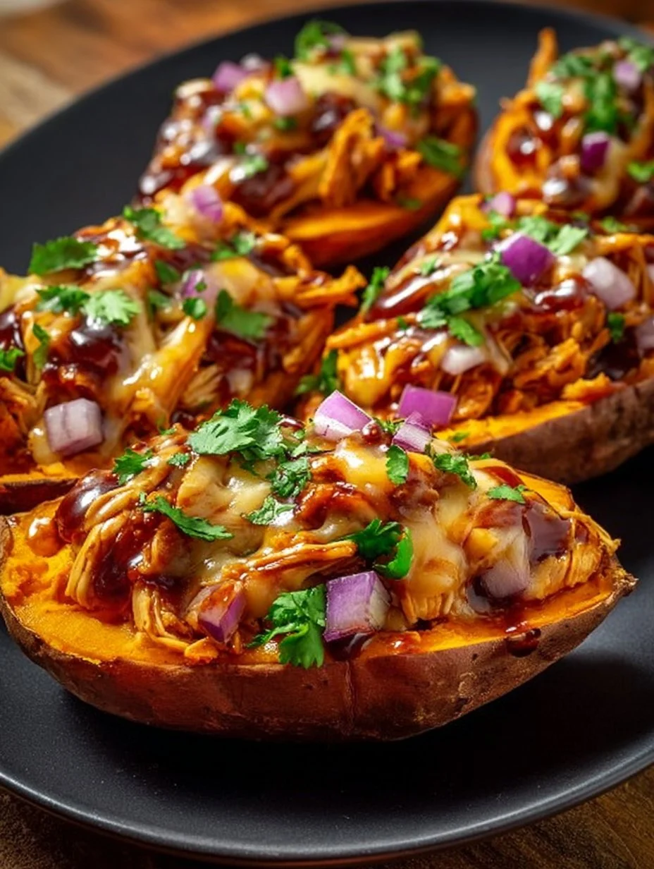 BBQ chicken stuffed sweet potatoes recipe with toppings