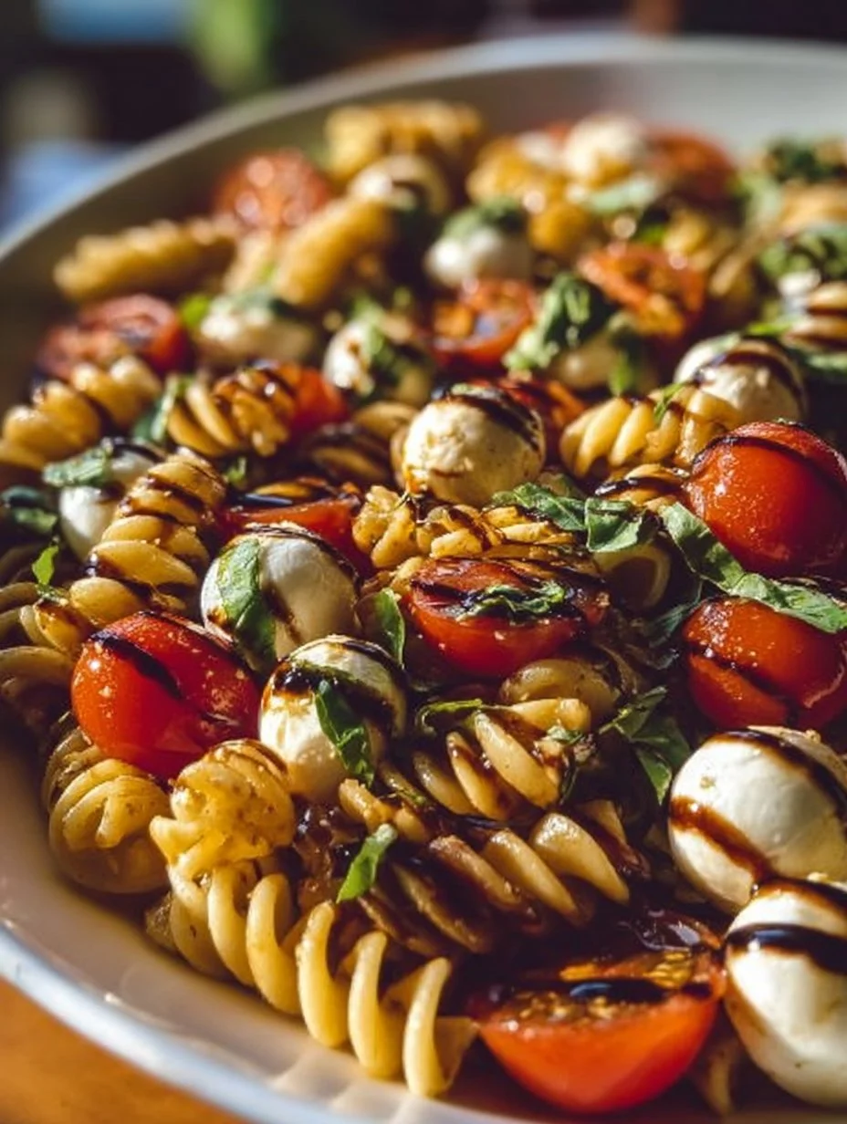 Colorful Caprese Pasta Salad with cherry tomatoes, mozzarella, and basil