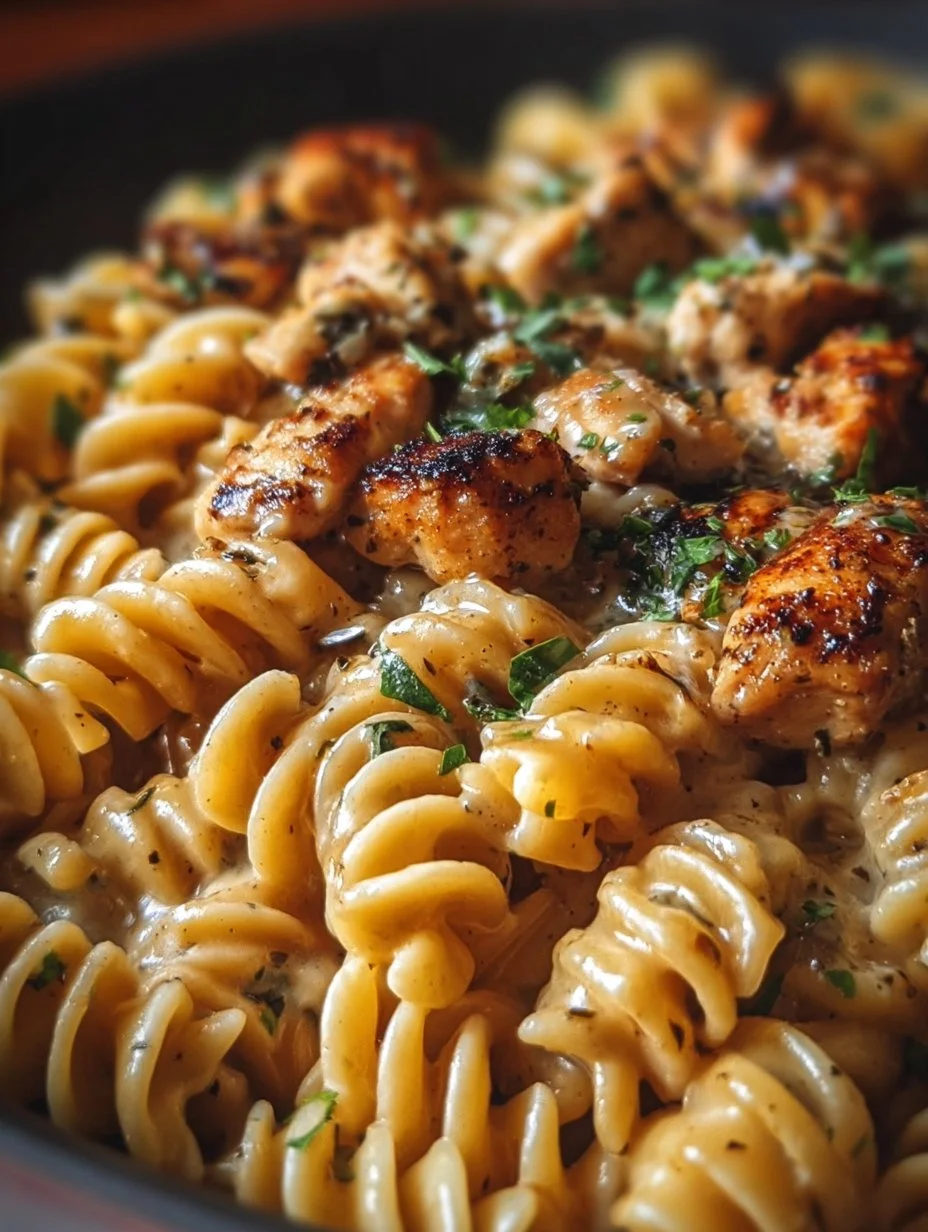 Cheesy Cajun Garlic Chicken Rotini Skillet dish served hot with herbs