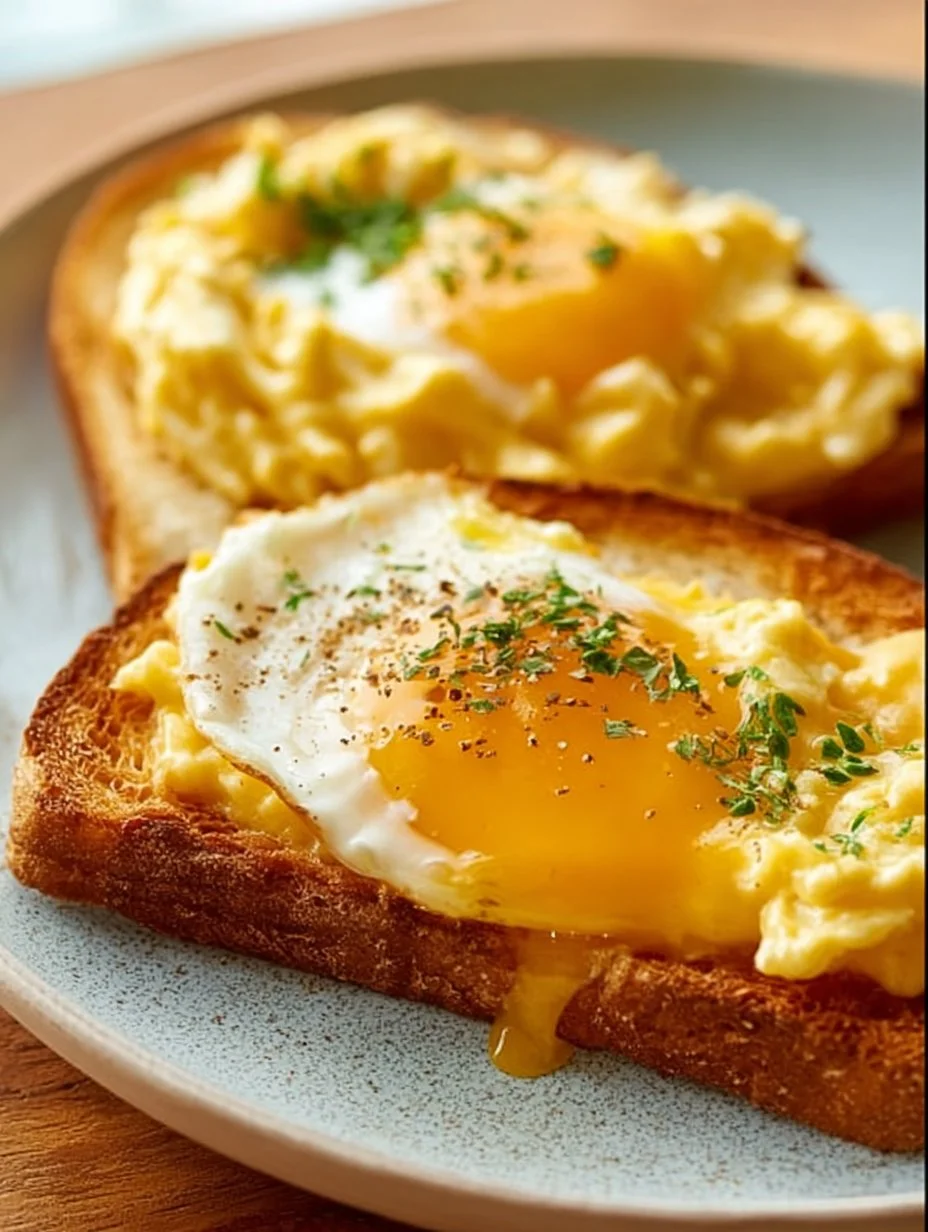 Plate of Cheesy Egg Toast with melted cheese and cooked eggs