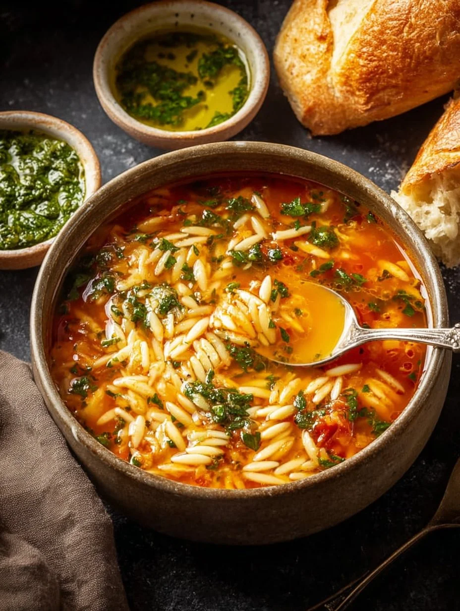 Bowl of Chicken Orzo Tomato Soup with fresh herbs and vegetables
