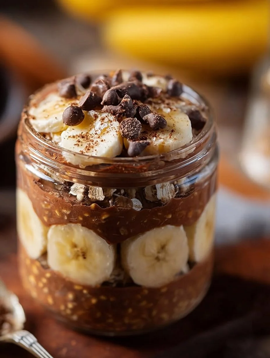 Bowl of chocolate banana overnight oats topped with banana slices and chocolate chips.