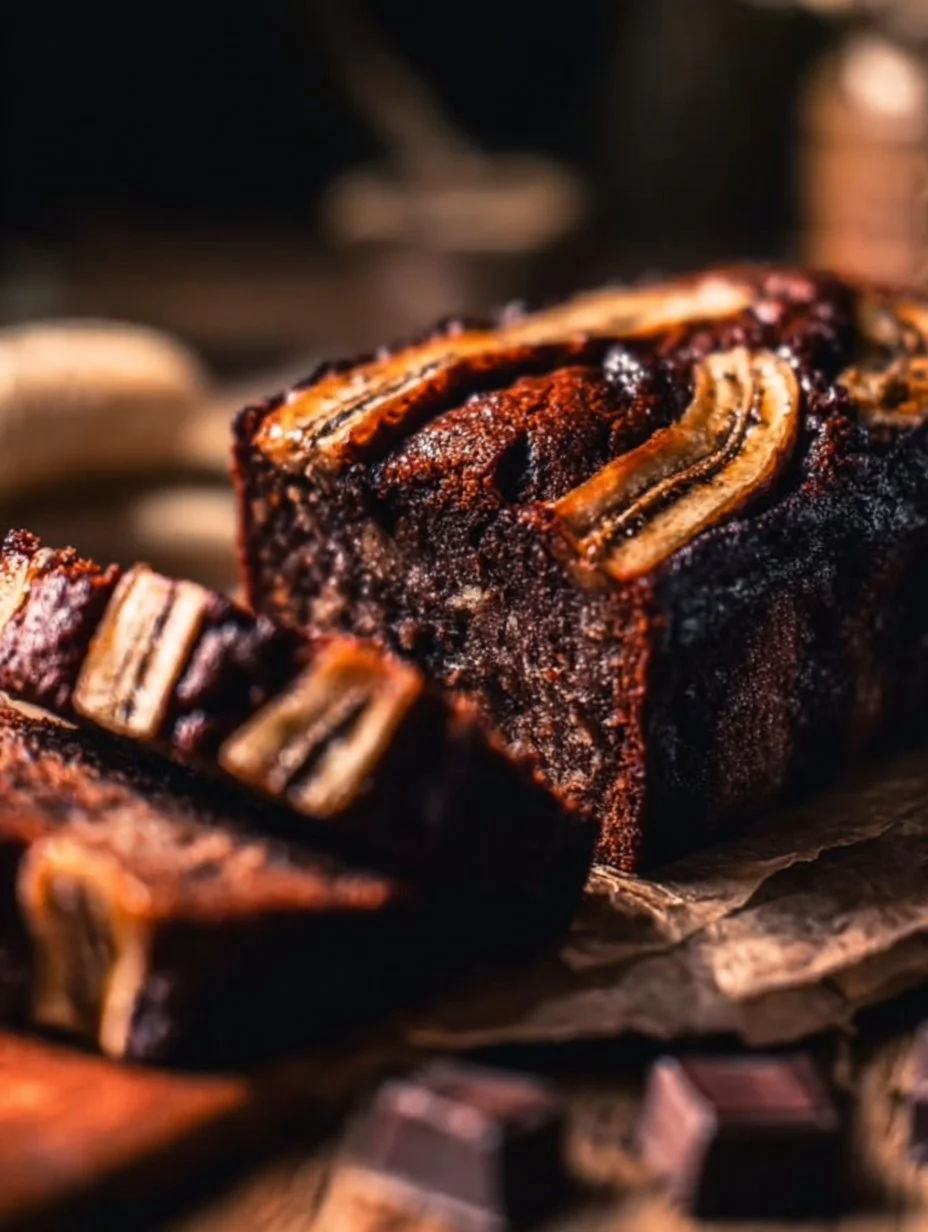 Delicious Chocolate Espresso Banana Bread slice on a wooden board