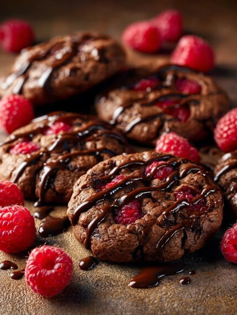 Freshly baked chocolate raspberry cookies on a plate