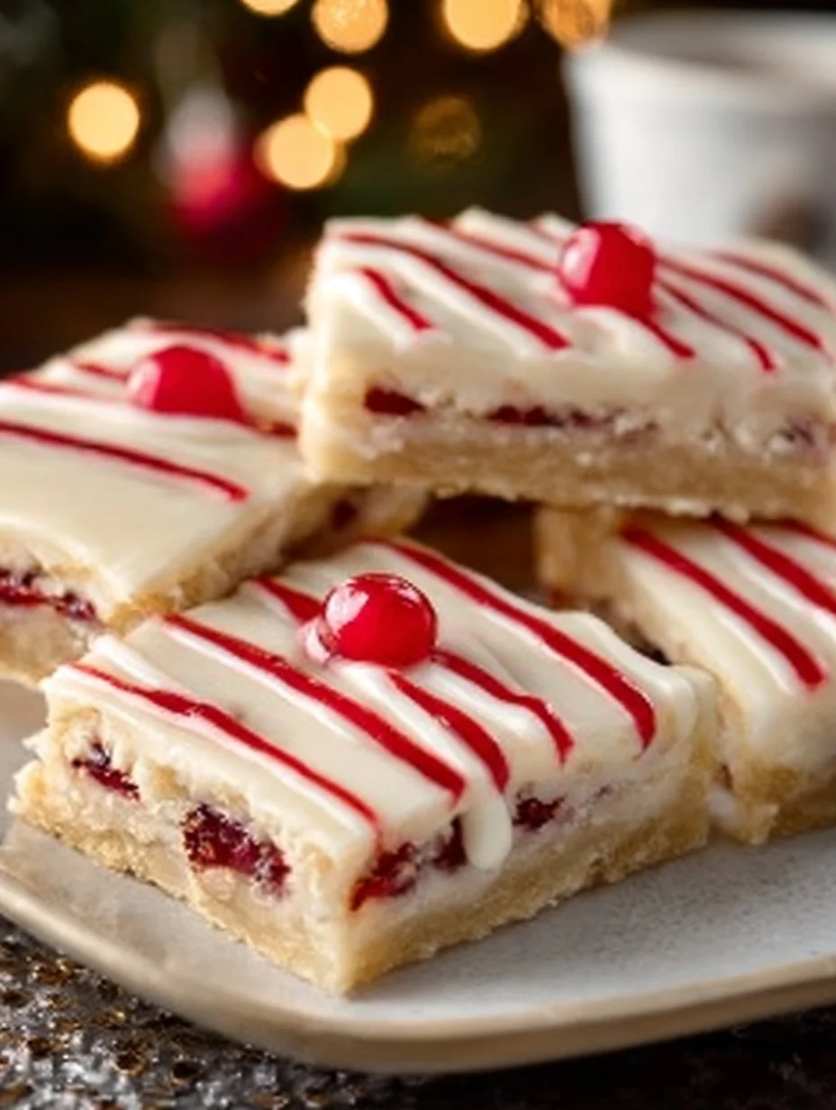 Festive Christmas Cherry Bars with bright red cherries and a crumbly topping