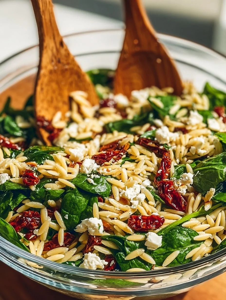 Bowl of classic balsamic orzo salad with fresh vegetables and herbs