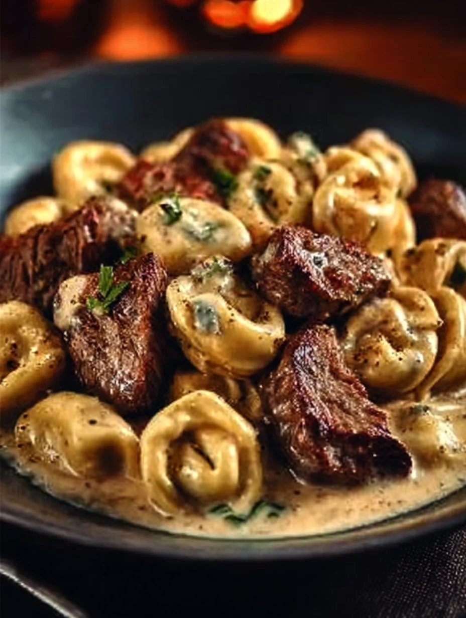 Cracked garlic steak tortellini served in creamy sauce