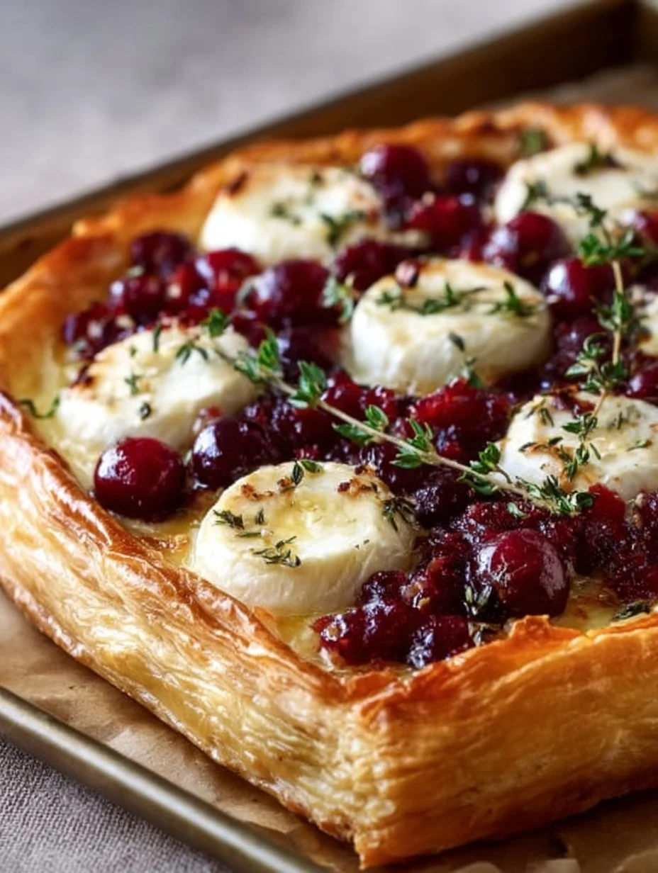 Delicious Cranberry Brie Tart topped with Pancetta and fresh Thyme