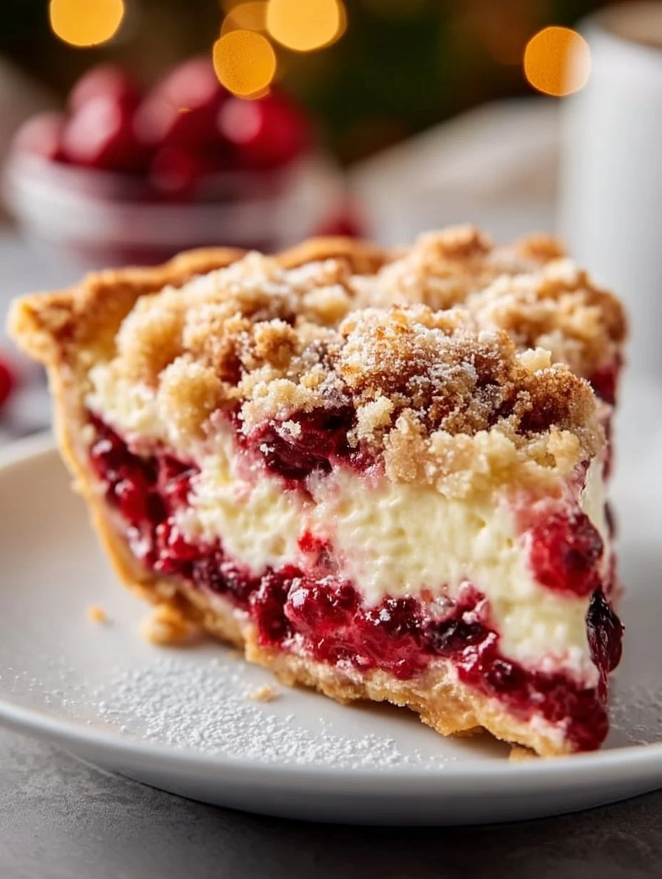 Delicious Cranberry Cream Cheese Pie with a crumbly topping on a rustic table