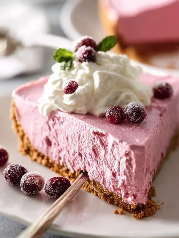 Delicious Cranberry Mousse Pie served on a dessert plate with whipped cream