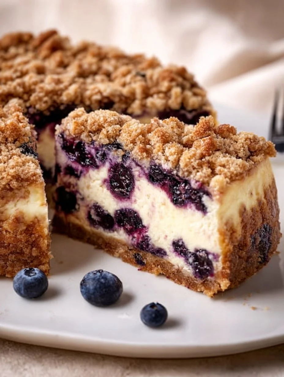 Creamy blueberry cheesecake topped with fresh blueberries and a graham cracker crust.