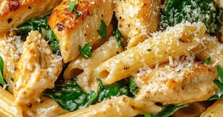 Creamy garlic parmesan chicken pasta dish served in a bowl with herbs