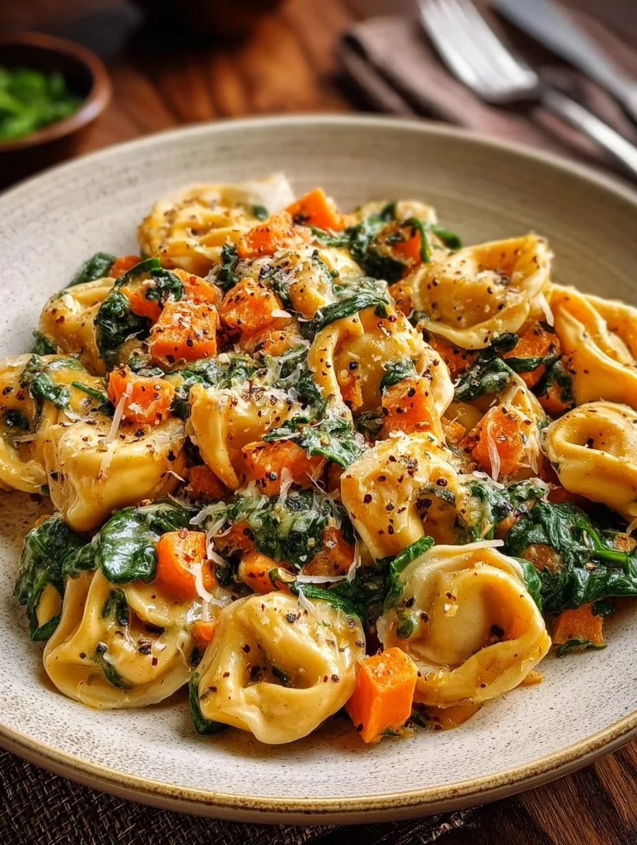 Creamy skillet tortellini with sweet potato and spinach in a pan