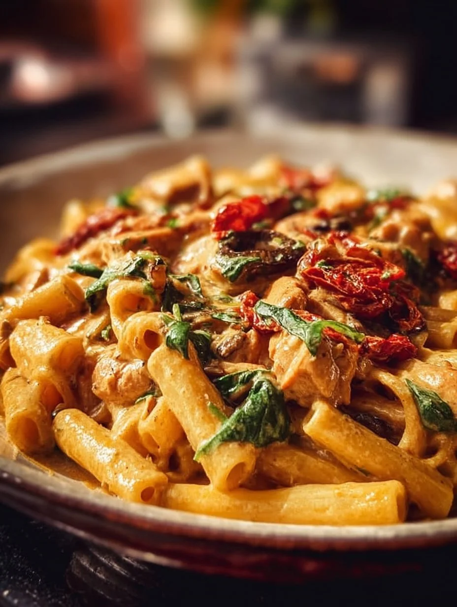A delicious bowl of creamy Tuscan Chicken Pasta garnished with herbs