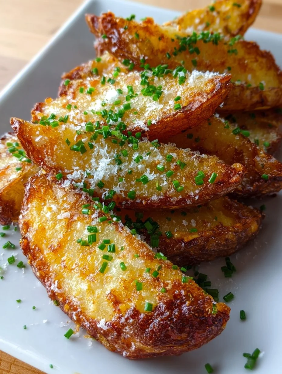 Crispy Parmesan potato wedges on a plate, ready to be served.
