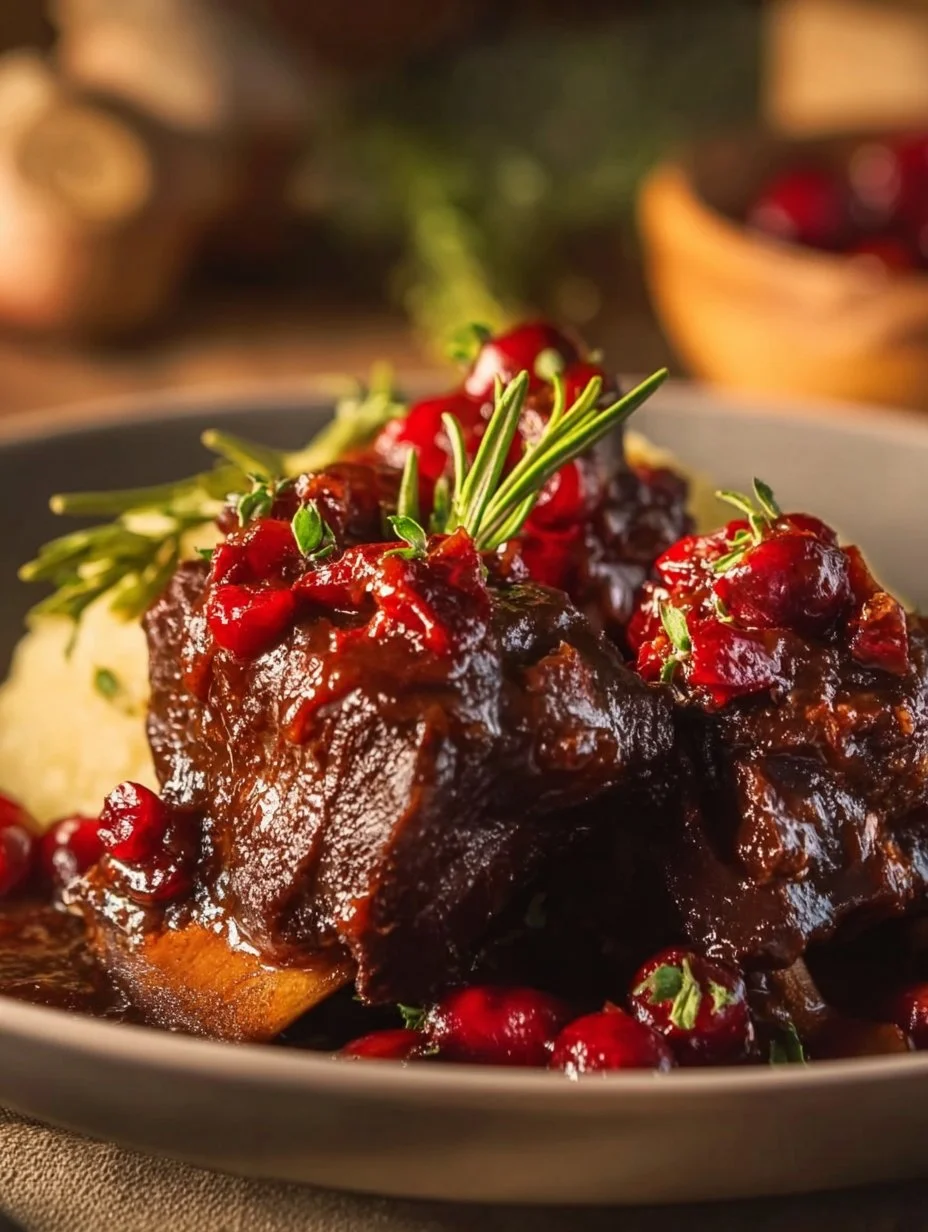Crockpot cranberry beef short ribs served with garnish on a plate