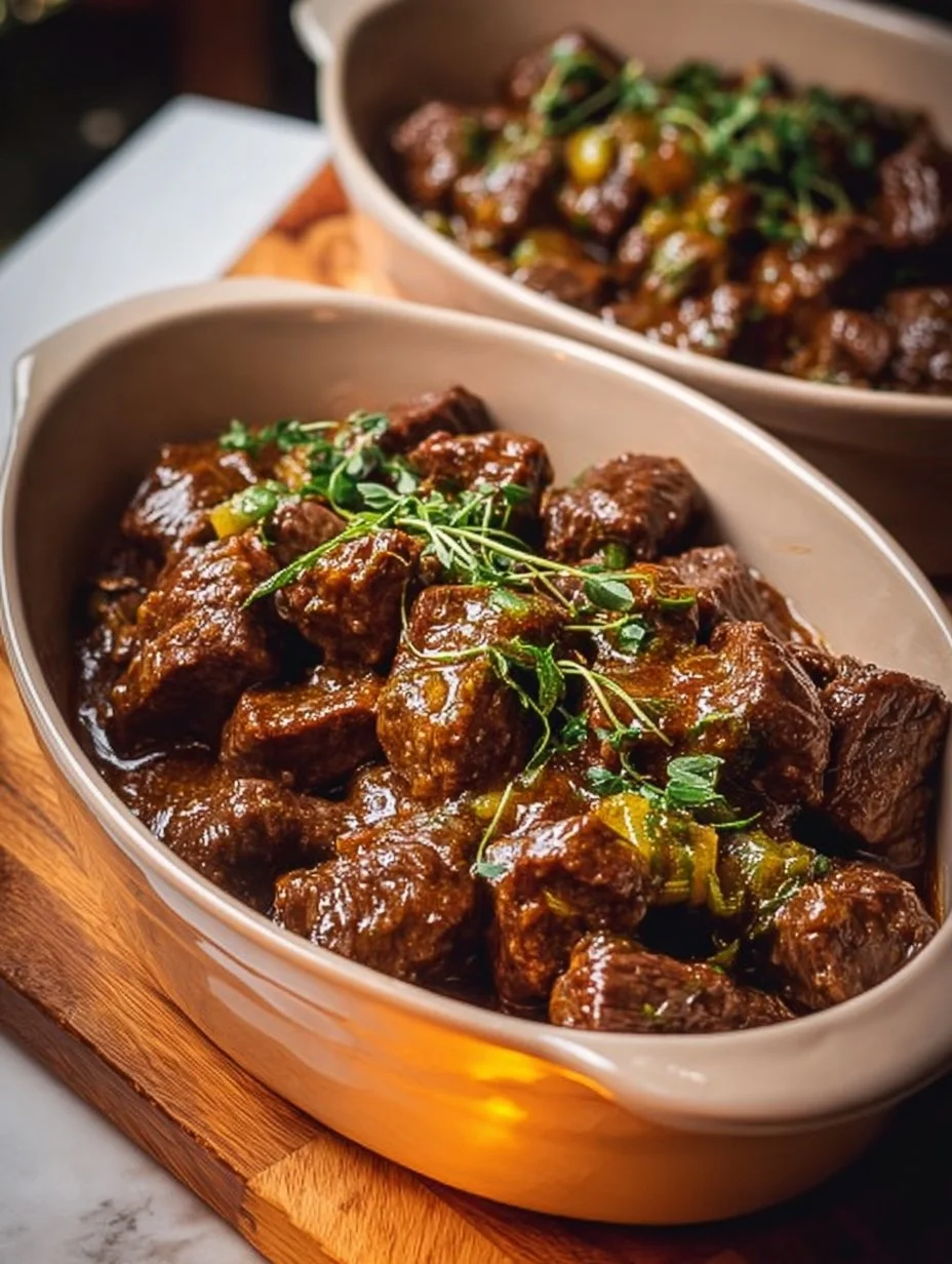 Delicious Crockpot Mississippi Steak Bites served with herbs and spices.