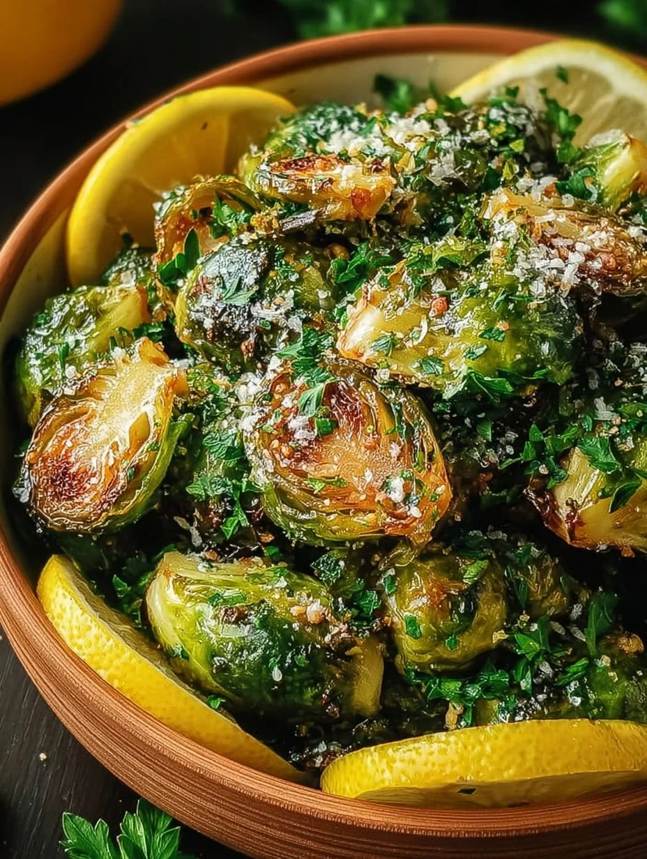 Garlic butter roasted Brussels sprouts garnished and ready to serve