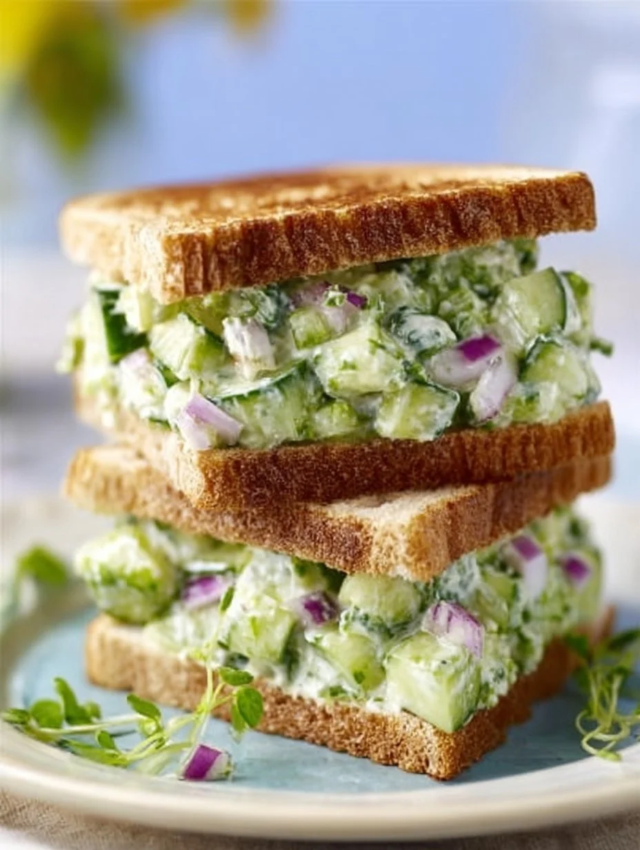 Delicious cucumber salad sandwiches garnished with fresh herbs and served on a plate.