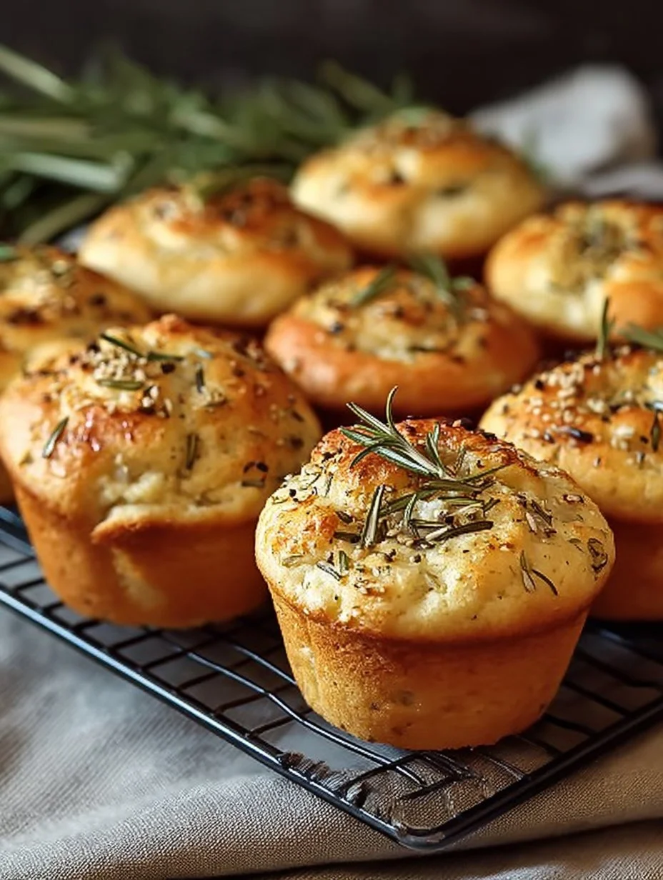 Freshly baked garlic rosemary focaccia muffins on a wooden table