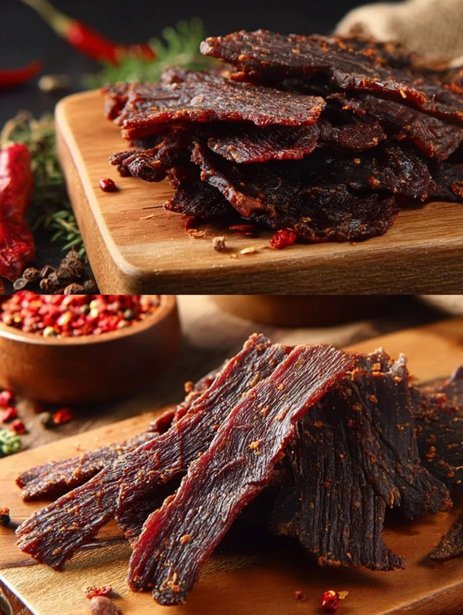 Homemade peppery beef jerky on a wooden table