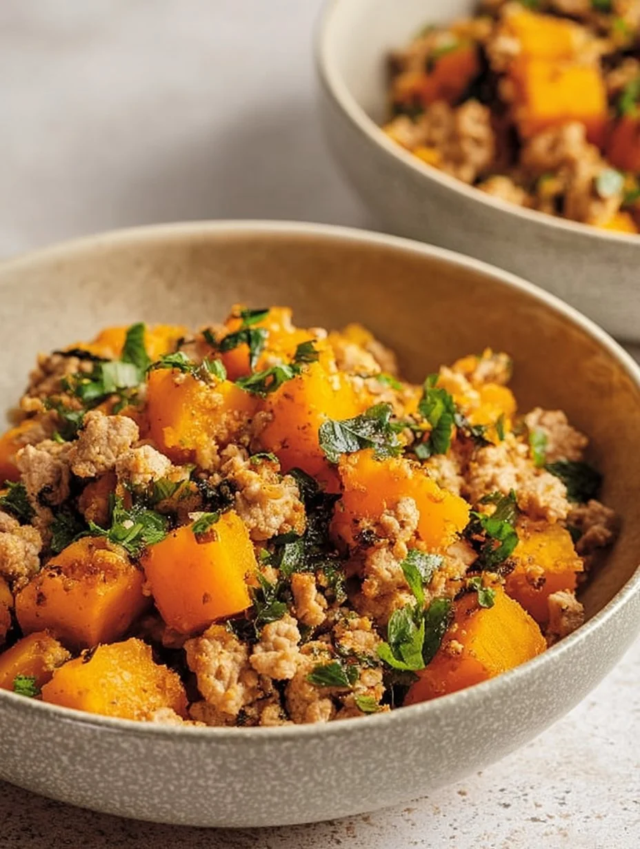 Bowl of easy roasted butternut squash with ground turkey on a wooden table