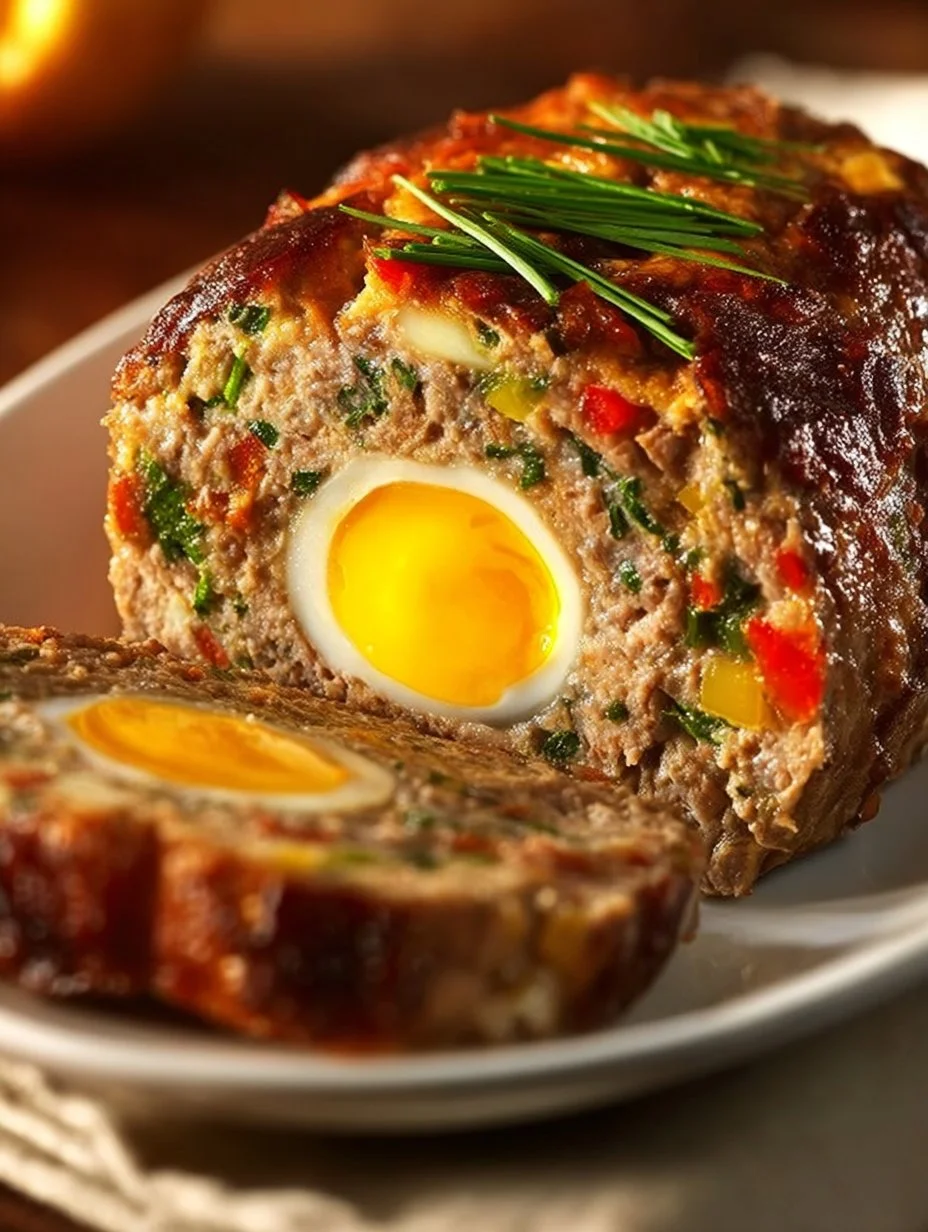 Delicious egg stuffed meatloaf slices on a plate with fresh herbs