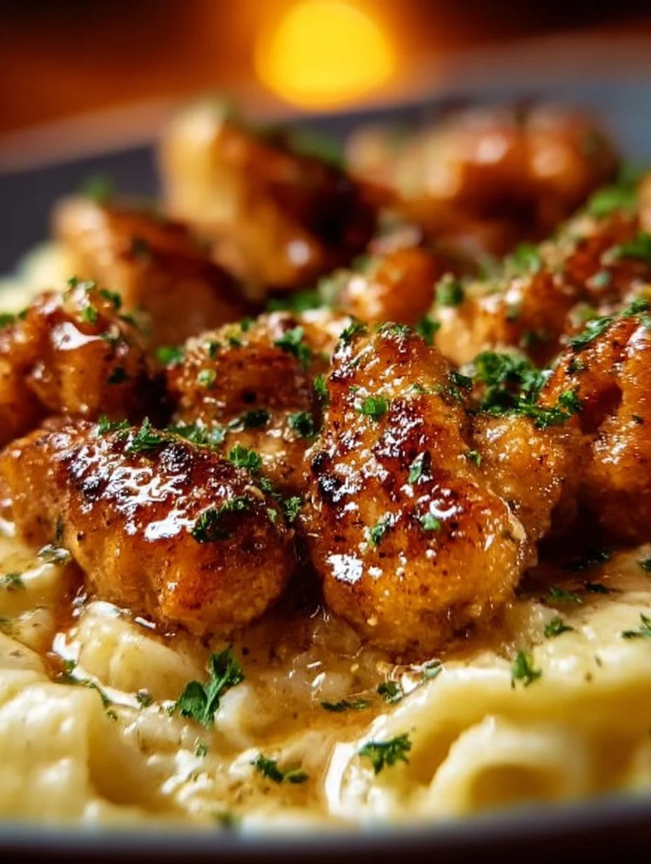 Delicious Garlic Butter Chicken Bites served with creamy Parmesan pasta.