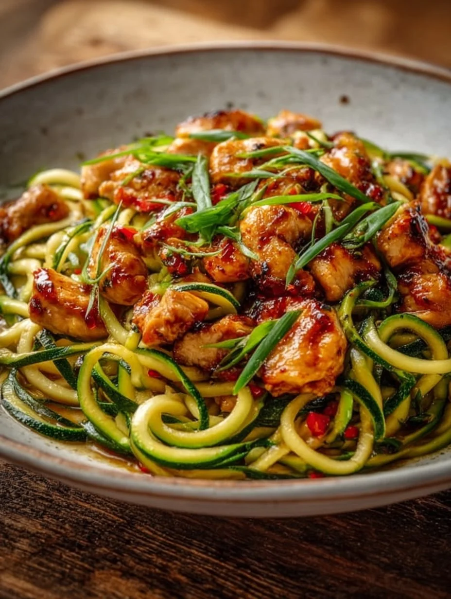 Garlic Chicken Zucchini Noodles Stir Fry with fresh vegetables and herbs