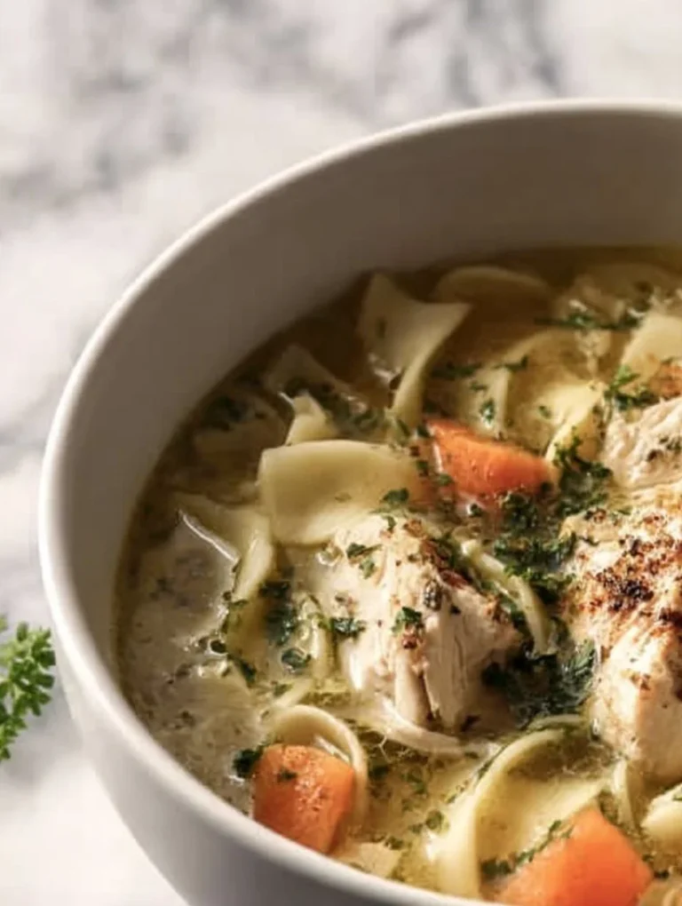 Bowl of Ginger Garlic Chicken Noodle Soup garnished with herbs