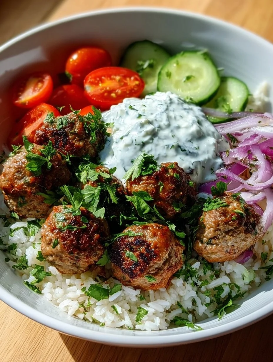 Greek Meatball Bowl with tzatziki, rice, and fresh vegetables
