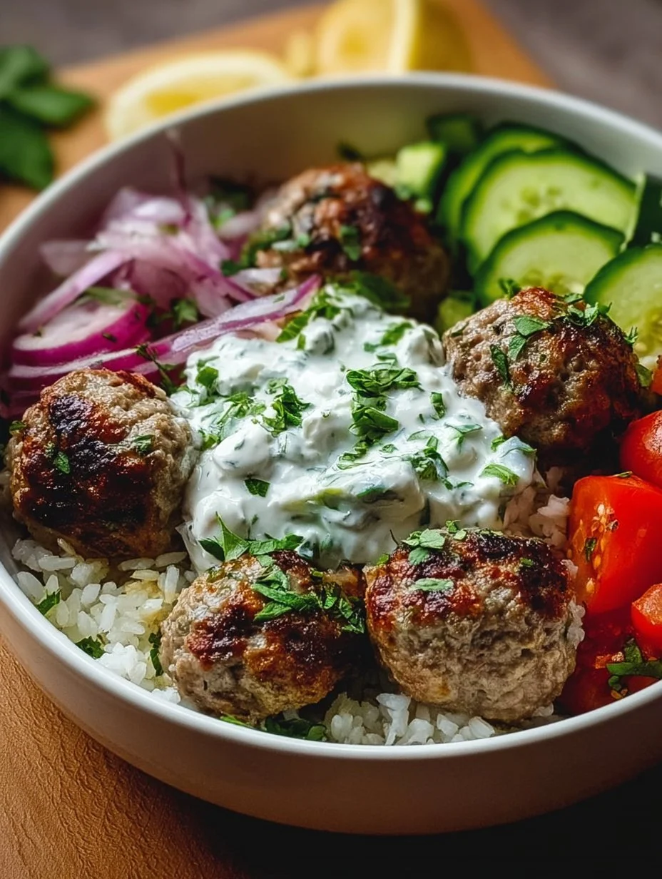 Greek Meatball Bowl with Tzatziki, Rice & Fresh Veggies